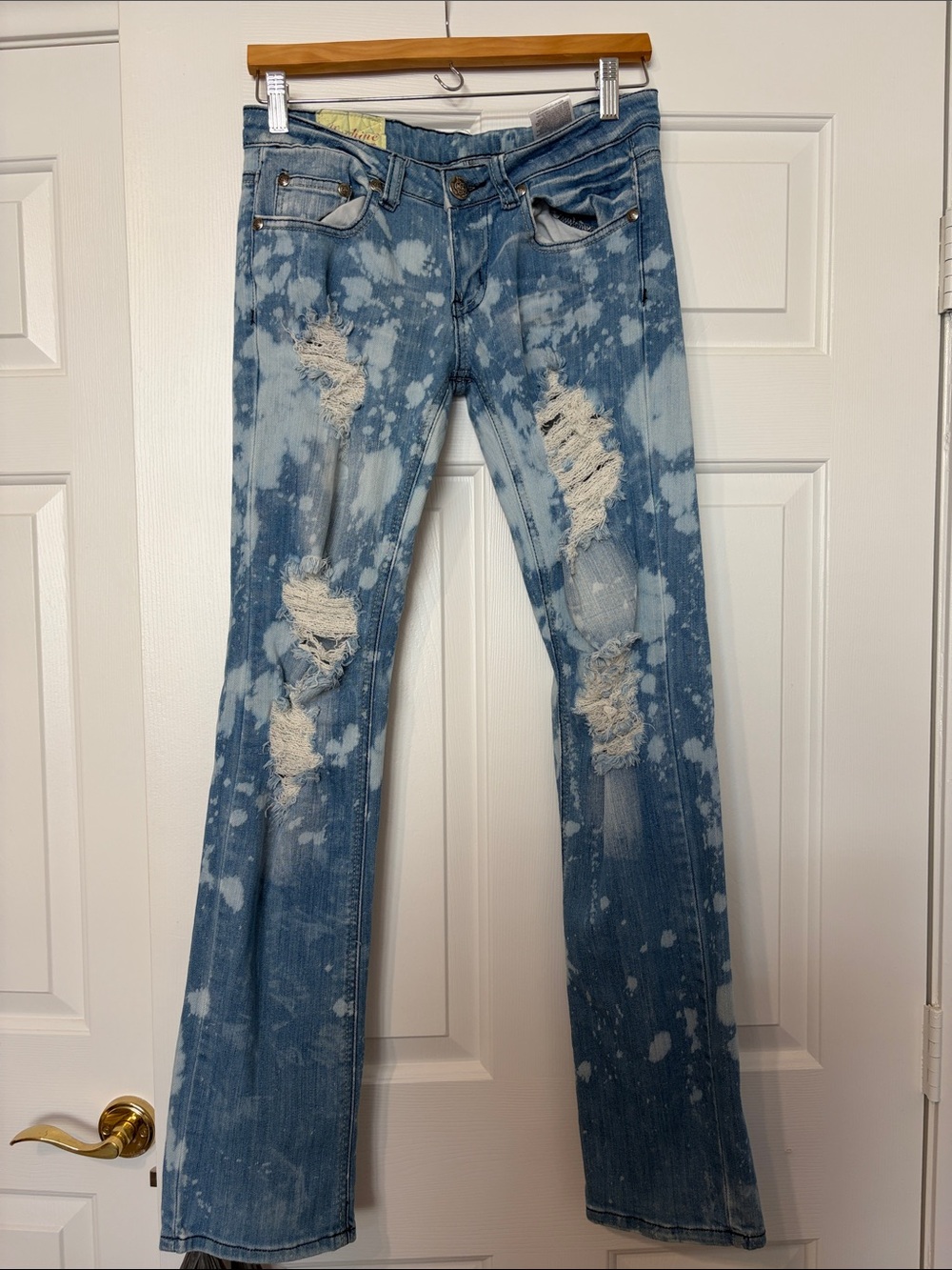 Machine Light Blue Bleach-Splatter Distressed Flare Jeans